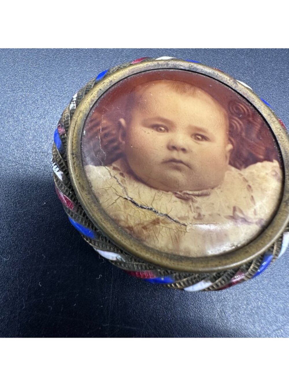 Antique Victorian Mourning Photo Brooch Pin Child Baby Brass Enamel Patriotic - Picture 7 of 8